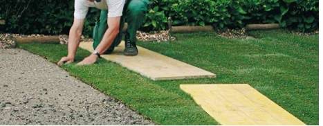 Pose de plaques de gazon en rouleau en quinconce